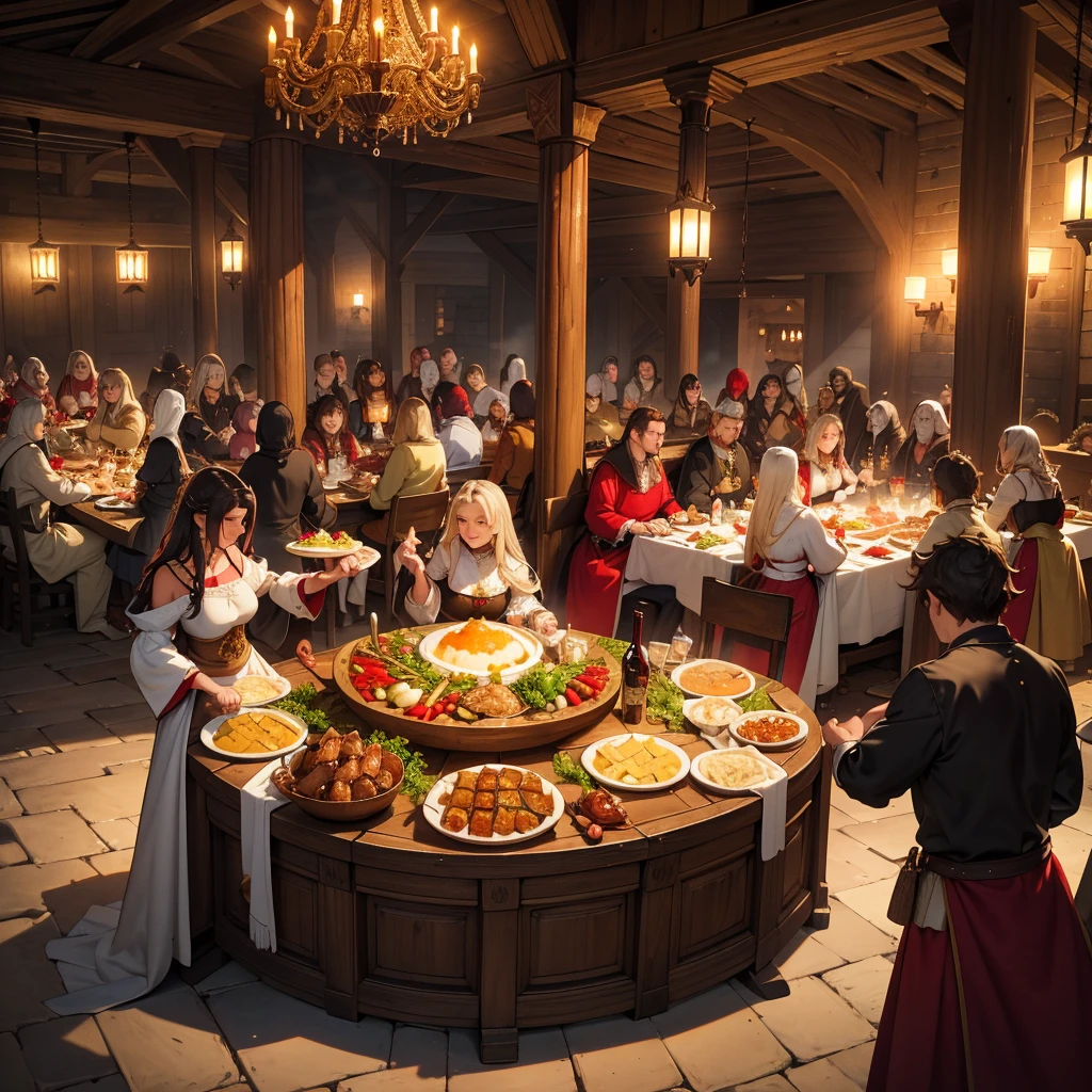 Envision a medieval feast laid out on a grand table, adorned with an abundance of savory dishes and decadent treats. Picture roasted meats, such as spitted boar and tender venison, surrounded by platters of steaming vegetables and bowls of fragrant herbs. At the center, a golden-hued roast fowl glistens under the flickering light of candles in ornate holders. Tankards brim with frothy ale and goblets with deep red wine, set beside baskets overflowing with crusty bread and wheels of artisanal cheese. Capture the richness and sumptuousness of this medieval banquet, where the bounty of the harvest and the skill of the kitchen converge to delight the senses of nobles and guests alike."