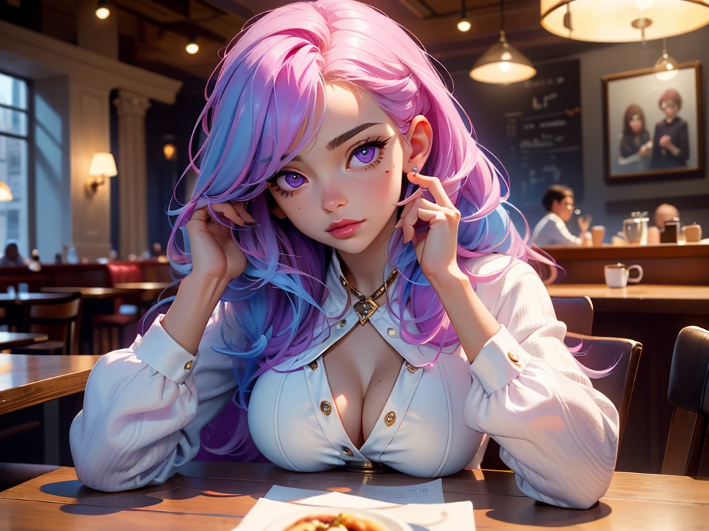 Best quality, Masterpiece, Portrait, Perfect anatomy, Femininity, Cool, Flawless, , Solo, Sexy, Stylish, Mature, Purple eyes, Long light pink hair, Mole above lip, Red lipstick, Big breasts, Outfit, in a cafe with girl with light blue hair drinking coffee