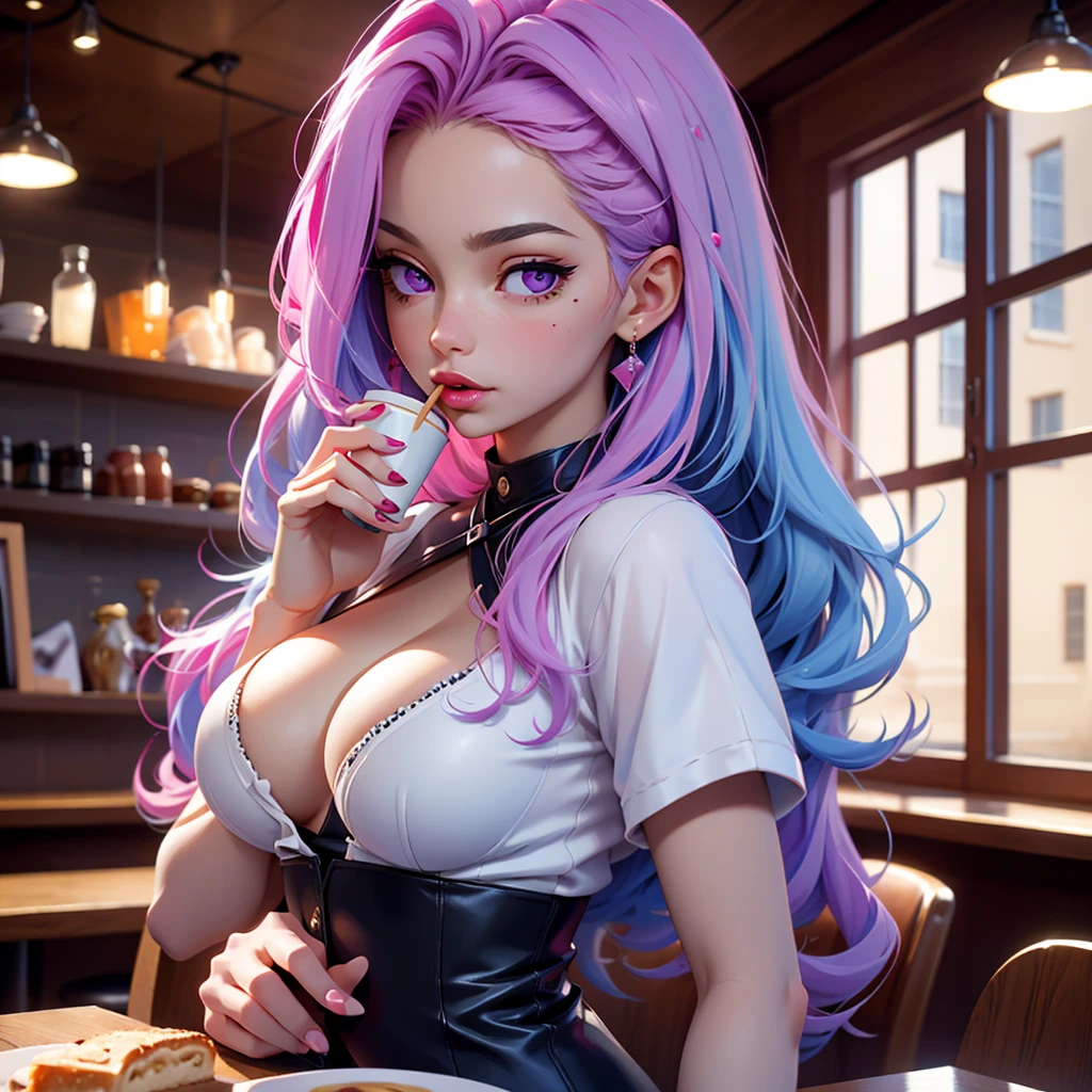 Best quality, Masterpiece, Portrait, Perfect anatomy, Femininity, Cool, Flawless, , Solo, Sexy, Stylish, Mature, Purple eyes, Long light pink hair, Mole above lip, Red lipstick, Big breasts, Outfit, in a cafe with girl with light blue hair drinking coffee