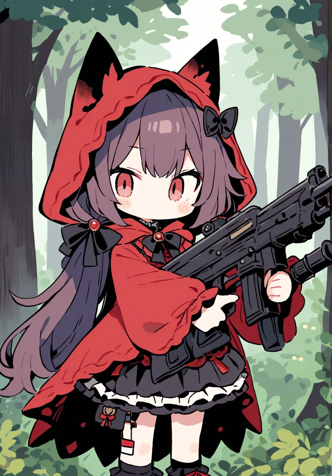 tegaki chibi girl Solo red hood girl wolf ears in the forest gothic lolita from side holding rifle