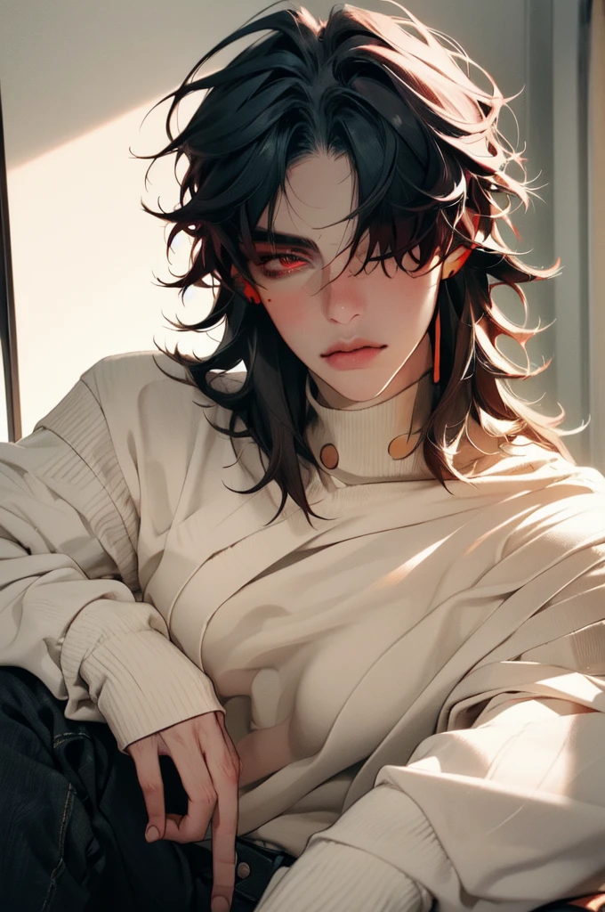 masterpiece, best quality, 1boy, male focus, blade \(honkai: star rail\), red eyes, bangs, hair bangs covered one eyes, (white sweater:1.2), portrait, looking at viewer, indoors, bedroom, detailed face, detailed hands, full body. Small face