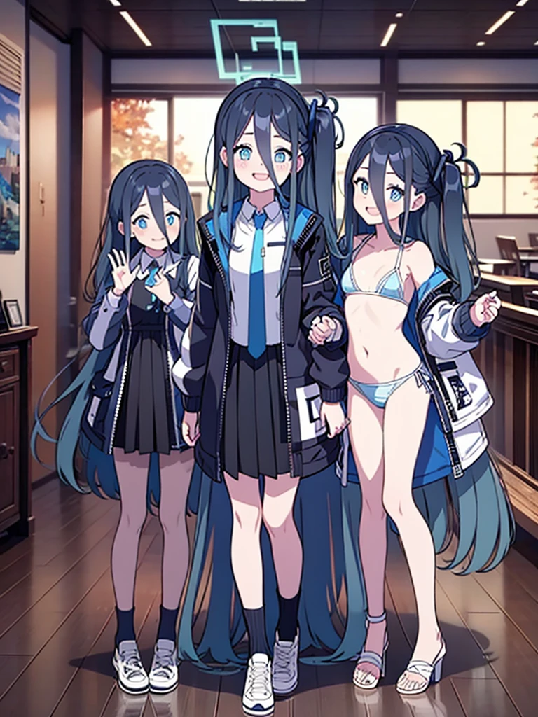 Masterpiece, hd, 2d, Alice, black hair, blue eyes, long hair, wear gaming Jacket black and blue , standing, indoor, smile, happy