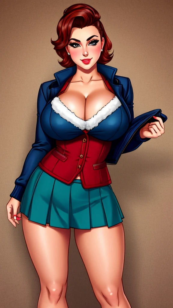 butch girl, pinup, centerfold, winter clothes, short skirt,