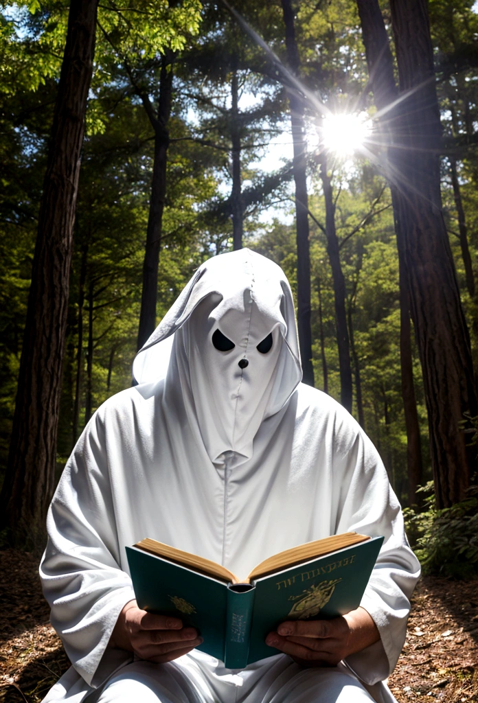 Man in ghost costume reading a book in the forest