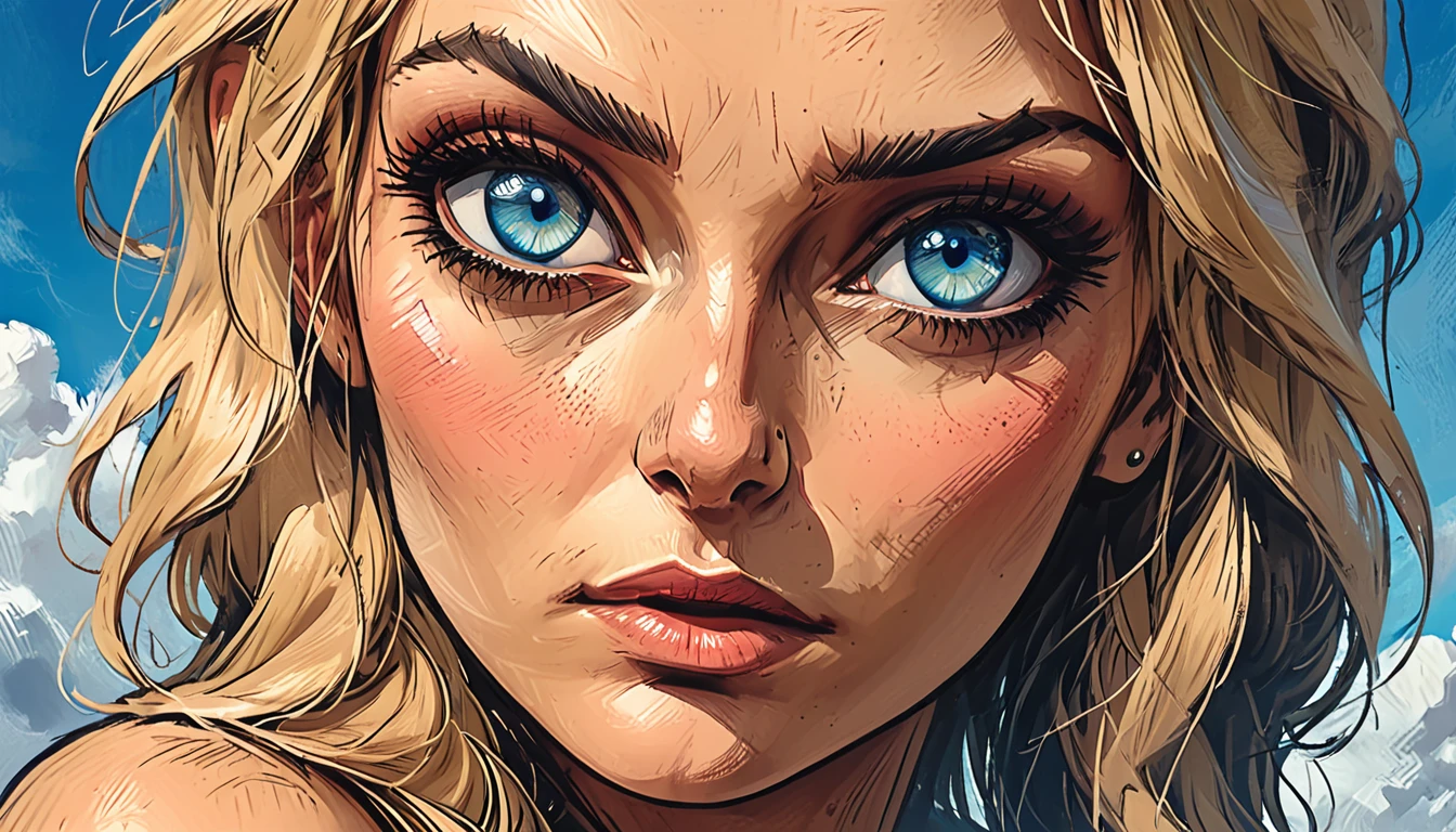 macro blue Eyes,
on cloud sky background, shadows, 
head turn, 
fisheye,

close up portrait girl, adult, [Nordic], Hourglass  perfect Olive skin, Oval Face, Long neck, Rounded shoulders, Attached Pointed ears, round forehead, Short blonde Waves pixie hair, snub nose, Arched eyebrows, (((monolid blue Eyes))), High Round Narrow cheekbones, Dimpled Cheeks, Rounded Chin, Rounded Jawline, Fine Puppet Wrinkles, Full nude Lips, Nude Makeup Look, long eyelashes, 
 graphic style of novel comics, 
2d, 8k, iMax, hyperrealism, masterpiece, high resolution, best quality, ultra-detailed, super realistic, Hyperrealistic art, high-quality, ultra high res, highest detailed, lot of details, Extremely high-resolution details, incredibly lifelike, colourful,