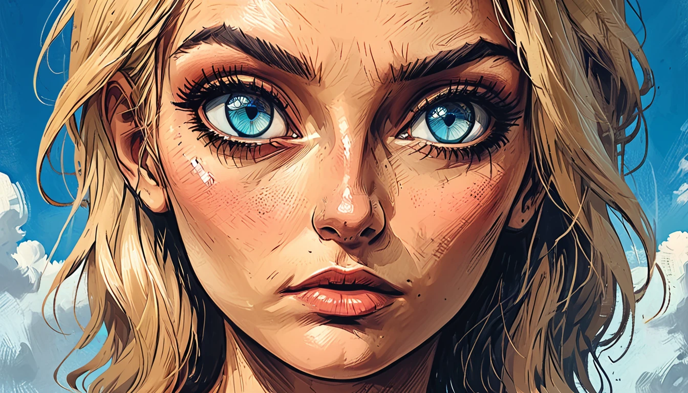 macro blue Eyes,
on cloud sky background, shadows, 
head turn, 
fisheye,

close up portrait girl, adult, [Nordic], Hourglass  perfect Olive skin, Oval Face, Long neck, Rounded shoulders, Attached Pointed ears, round forehead, Short blonde Waves pixie hair, snub nose, Arched eyebrows, (((monolid blue Eyes))), High Round Narrow cheekbones, Dimpled Cheeks, Rounded Chin, Rounded Jawline, Fine Puppet Wrinkles, Full nude Lips, Nude Makeup Look, long eyelashes, 
 graphic style of novel comics, 
2d, 8k, iMax, hyperrealism, masterpiece, high resolution, best quality, ultra-detailed, super realistic, Hyperrealistic art, high-quality, ultra high res, highest detailed, lot of details, Extremely high-resolution details, incredibly lifelike, colourful,