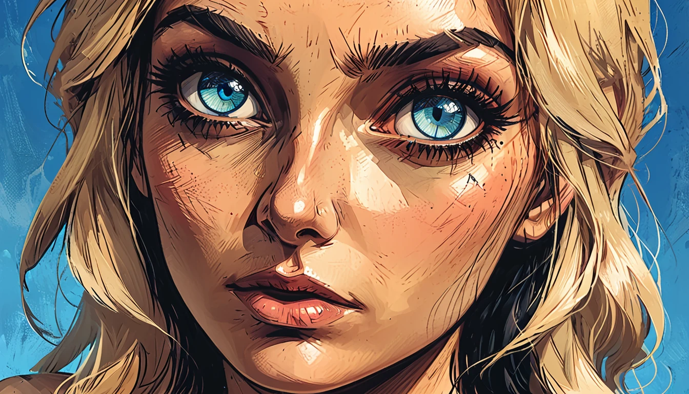 macro blue Eyes,
on cloud sky background, shadows, 
head turn, 
fisheye,

close up portrait girl, adult, [Nordic], Hourglass  perfect Olive skin, Oval Face, Long neck, Rounded shoulders, Attached Pointed ears, round forehead, Short blonde Waves pixie hair, snub nose, Arched eyebrows, (((monolid blue Eyes))), High Round Narrow cheekbones, Dimpled Cheeks, Rounded Chin, Rounded Jawline, Fine Puppet Wrinkles, Full nude Lips, Nude Makeup Look, long eyelashes, 
 graphic style of novel comics, 
2d, 8k, iMax, hyperrealism, masterpiece, high resolution, best quality, ultra-detailed, super realistic, Hyperrealistic art, high-quality, ultra high res, highest detailed, lot of details, Extremely high-resolution details, incredibly lifelike, colourful,