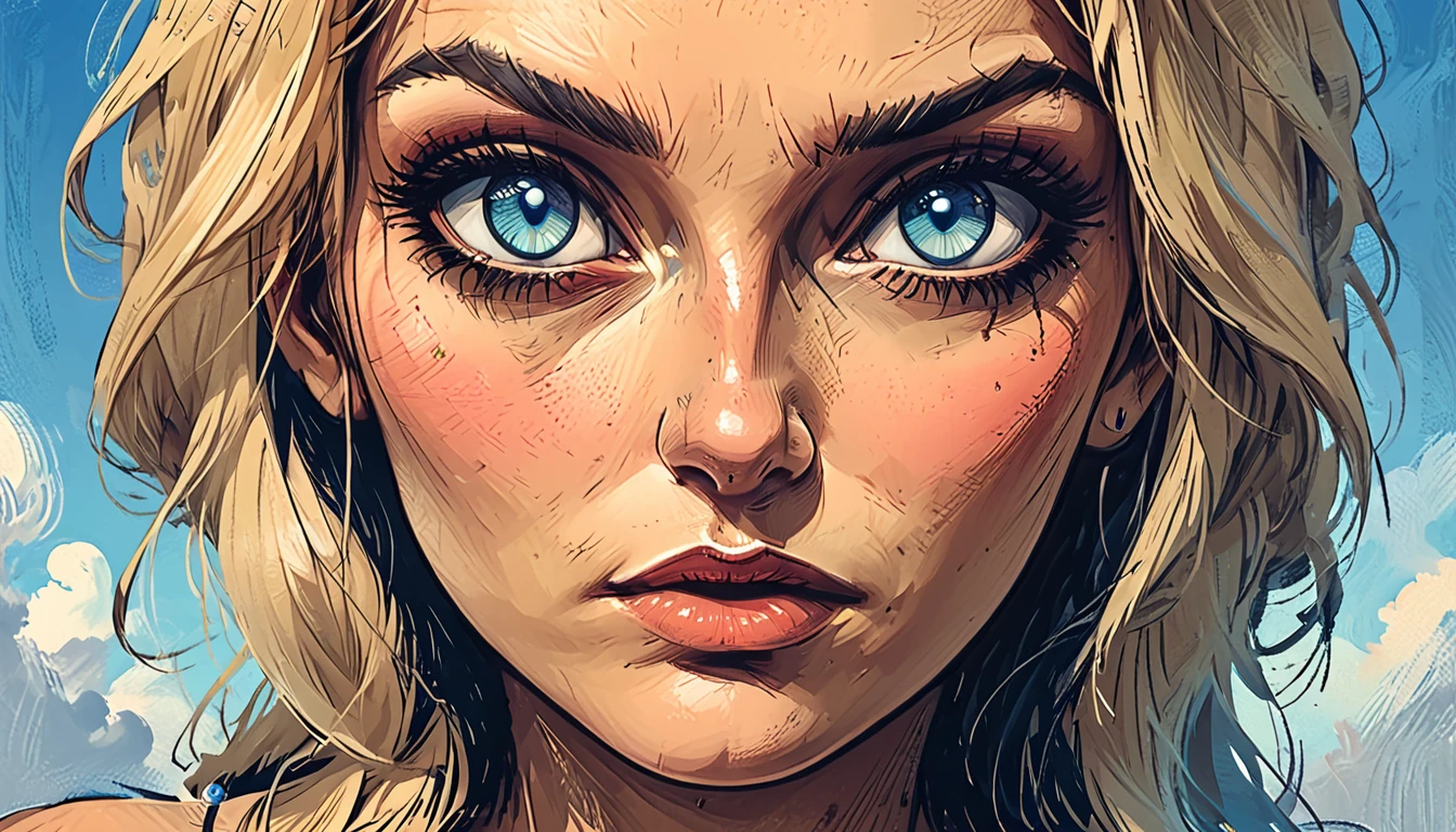 macro blue Eyes,
on cloud sky background, shadows, 
head turn, 
fisheye,

close up portrait girl, adult, [Nordic], Hourglass  perfect Olive skin, Oval Face, Long neck, Rounded shoulders, Attached Pointed ears, round forehead, Short blonde Waves pixie hair, snub nose, Arched eyebrows, (((monolid blue Eyes))), High Round Narrow cheekbones, Dimpled Cheeks, Rounded Chin, Rounded Jawline, Fine Puppet Wrinkles, Full nude Lips, Nude Makeup Look, long eyelashes, 
 graphic style of novel comics, 
2d, 8k, iMax, hyperrealism, masterpiece, high resolution, best quality, ultra-detailed, super realistic, Hyperrealistic art, high-quality, ultra high res, highest detailed, lot of details, Extremely high-resolution details, incredibly lifelike, colourful,