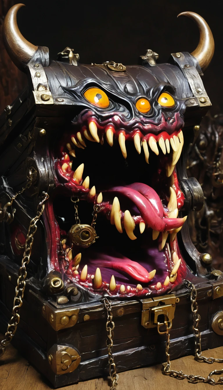 (masterpiece, best quality:1.2), dark，Fear，imitate，Suspension，Mimic，Treasure Box Monster，Weird tongue and nasty teeth. 