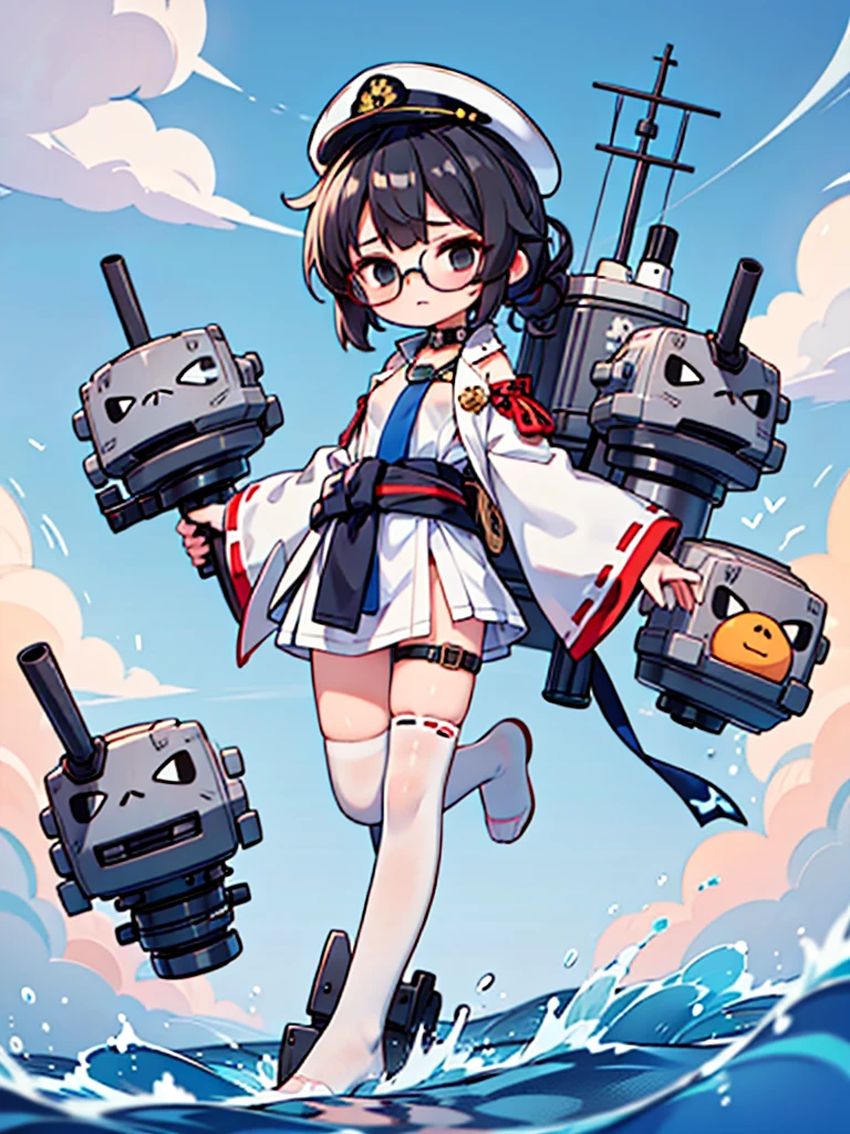 ((((Full body of a woman with perfect flat chest、solo、Short unkempt black hair、Tie your messy hair up around your neck、white military jacket、Miko costume、tights、Black glasses、White military cap、Cloudy black eyes、Sleepy expression)))), (((masterpiece))), (((Shipgirl))), ((Floating on the morning sea with both feet)), (Spread your legs wide open), (Hold the turret with your right hand), (Mechanical arms extending from the waist are used to equip the ship with battleship equipment.), (Equipped with a turret on the back), (Holds the turret with his left arm), Shotgun shells are attached to the thigh with a belt, Spreading the Machine&#39;s Wings, Machine tail,  shotgun, 