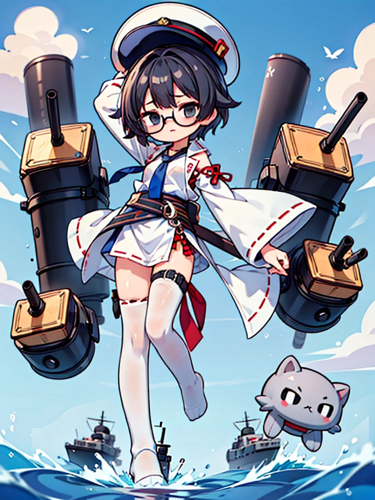 ((((Full body of a woman with perfect flat chest、solo、Short unkempt black hair、Tie your messy hair up around your neck、white military jacket、Miko costume、tights、Black glasses、White military cap、Cloudy black eyes、Sleepy expression)))), (((masterpiece))), (((Shipgirl))), ((Floating on the morning sea with both feet)), (Spread your legs wide open), (Hold the turret with your right hand), (Mechanical arms extending from the waist are used to equip the ship with battleship equipment.), (Equipped with a turret on the back), (Holds the turret with his left arm), Shotgun shells are attached to the thigh with a belt, Spreading the Machine's Wings, Machine tail, shotgun,