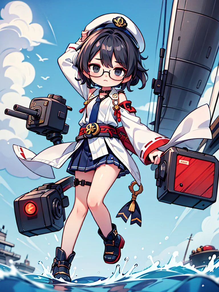 ((((Full body of a woman with perfect flat chest、solo、Short unkempt black hair、Tie your messy hair up around your neck、white military jacket、Miko costume、tights、Black glasses、White military cap、Cloudy black eyes、Sleepy expression)))), (((masterpiece))), (((Shipgirl))), ((Floating on the morning sea with both feet)), (Spread your legs wide open), (Hold the turret with your right hand), (Mechanical arms extending from the waist are used to equip the ship with battleship equipment.), (Equipped with a turret on the back), (Holds the turret with his left arm), Shotgun shells are attached to the thigh with a belt, Spreading the Machine's Wings, Machine tail, shotgun,