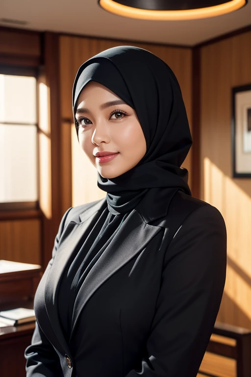 a gorgeous 42 year old busty indonesian woman,formal hijab suit with blazer,beautiful smile,boss,full body portrait,(best quality,4k,8k,highres,masterpiece:1.2),ultra-detailed,(realistic,photorealistic,photo-realistic:1.37),hyper detailed face,extremely detailed eyes and face,detailed makeup,long eyelashes,beautiful detailed lips,elegant pose,confident expression,warm lighting,cinematic angle,office interior background,high quality,intricate details