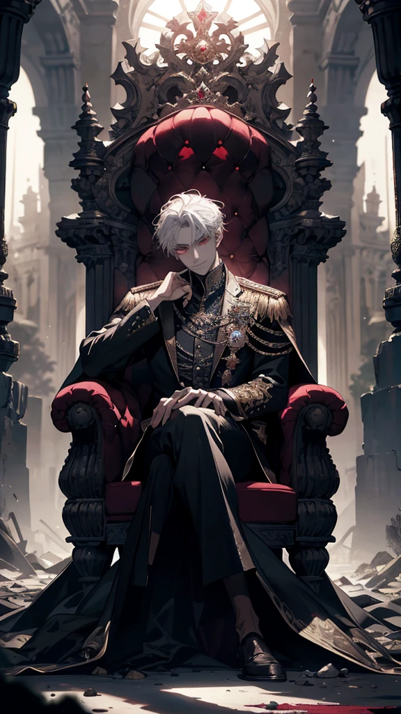 white haired, A red-eyed prince sits on a majestic throne inside an abandoned palace. The environment around it is dark and gloomy,The throne is broken decorated, with details of gold and precious stones, and covered with a dusty cloth. When he looks at the horizon with glowing red eyes, Masterpiece, Best Quality, Ultra-detailed, illustartion, concept art in 8K resolution, Fantasy art, epic art, concept art wallpaper 4k, Deep color, natural lighting