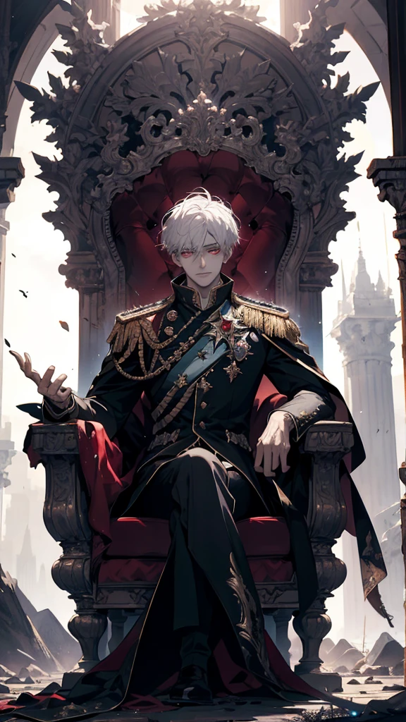 white haired, A red-eyed prince sits on a majestic throne inside an abandoned palace. The environment around it is dark and gloomy,The throne is broken decorated, with details of gold and precious stones, and covered with a dusty cloth. When he looks at the horizon with glowing red eyes, Masterpiece, Best Quality, Ultra-detailed, illustartion, concept art in 8K resolution, Fantasy art, epic art, concept art wallpaper 4k, Deep color, natural lighting