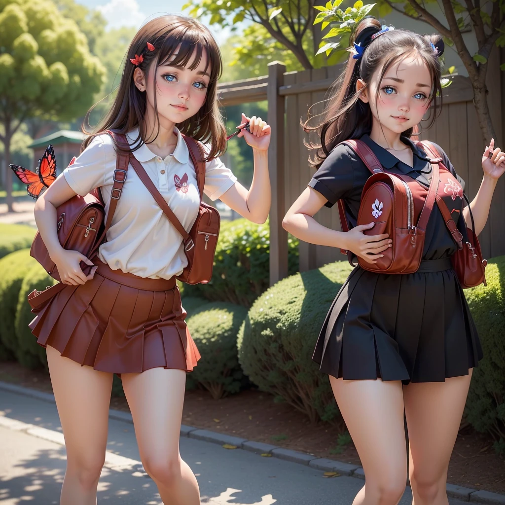 Primary school students、Attractive girl carrying a red backpack、An environment surrounded by beautiful greenery and nature、Enjoy spring outings with cute puppies. The illustrations are high definition illustrations with 4K resolution..、smile、Ultra-detailed:1.0 (figure, step piece line drawing,Features highly detailed facial features and cartoon-like visual butterfly dancing。)