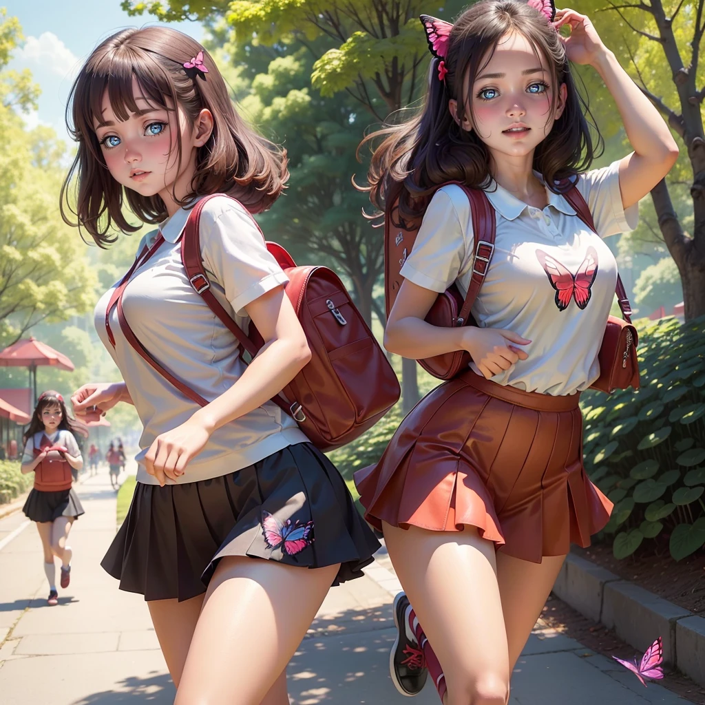 Primary school students、Attractive girl carrying a red backpack、An environment surrounded by beautiful greenery and nature、Enjoy spring outings with cute puppies. The illustrations are high definition illustrations with 4K resolution..、smile、Ultra-detailed:1.0 (figure, step piece line drawing,Features highly detailed facial features and cartoon-like visual butterfly dancing。)