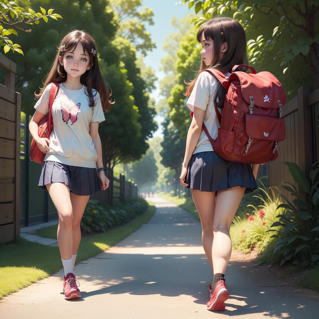 Primary school students、Attractive girl carrying a red backpack、An environment surrounded by beautiful greenery and nature、Enjoy spring outings with cute puppies. The illustrations are high definition illustrations with 4K resolution..、smile、Ultra-detailed:1.0 (figure, step piece line drawing,Features highly detailed facial features and cartoon-like visual butterfly dancing。)