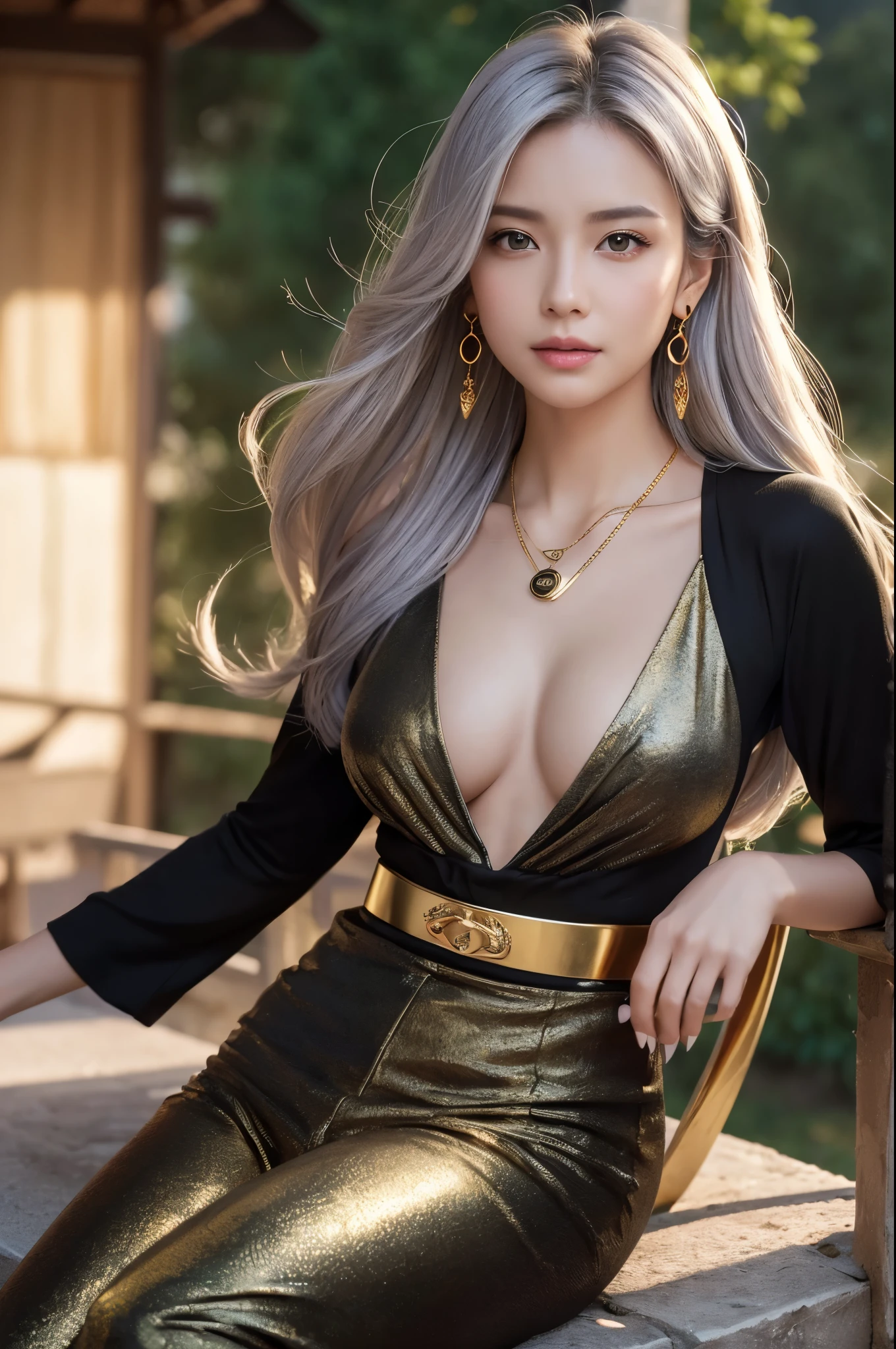 (8K,Photorealistic RAW Photos Highest quality;1.4) 1woman) 美しいSilver Hairの女神 (A vivid face) (Tabletop, Highest quality, Photorealisticです, High resolution, :1.3), closeショット, Sharp focus, 1 カールしたSilver Hairのwoman, ヨーロッパ系woman, Hot Model, abdomen, Very detailed eyes with golden pupils, Realistic skin, Slim figure, Perfect body, Big breasts have cleavage, Very Fine Hair, Delicate and sexy face, sensory gas, Glossy Lips, ((She is wearing a beautiful black and gold dress and black and gold pants,Wear a pendant)), Outdoor, ((Realistic, 超Realistic, realism, Realistic詳細)) Beautiful expression charm (Realistic Skin) 超High resolution 超Realistic Advanced Details grassland, Flowers and beautiful mountains in the distance々々々々 Purple Earrings Split Avemar Paladin woman,超Realisticな肌,smile,close,Top view,Rich colors, Backlight, Cinema Lighting, Film Grain, 50mm lens, Nikon D850,超High resolution,Ultra-realistic,Compensate,Super sexy,Silver Hair,