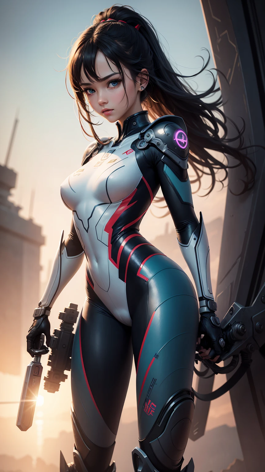 (Perfect Anatomy:1.4,Highest quality、超High resolution、High resolution、Highly detailed CG、8K Unit Wallpaper),((Biologically correct limb count))、(Symmetrical facial features))、Eyes with detailed description、Beautiful woman、Excellent style、(thin)、Facial detailing,masterpiece、Vibrant, Imaginary image of a girl in a mecha suit, (Fly gracefully across the battlefield of the future). The girl is full of energy, Bright colors contrast with muted hues, The mechanical beauty of the suit. The suit's vibrant colors and intricate details、Sophisticated, Mecha futuristic design.
