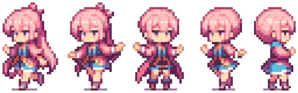 the very same person character chips , masterpiece , 6 poses (put out one's left foot , put out one's right foot , 2 front-facing poses , 2 back poses),best quality , pixel , pixel art , xiangsu , xiang su , sequence frames , walking , 1 girl , fantasy clothes , full body , white background , heroine , sexy , chibi , Highly Exposed , pink clothes , pink hair , walking frame