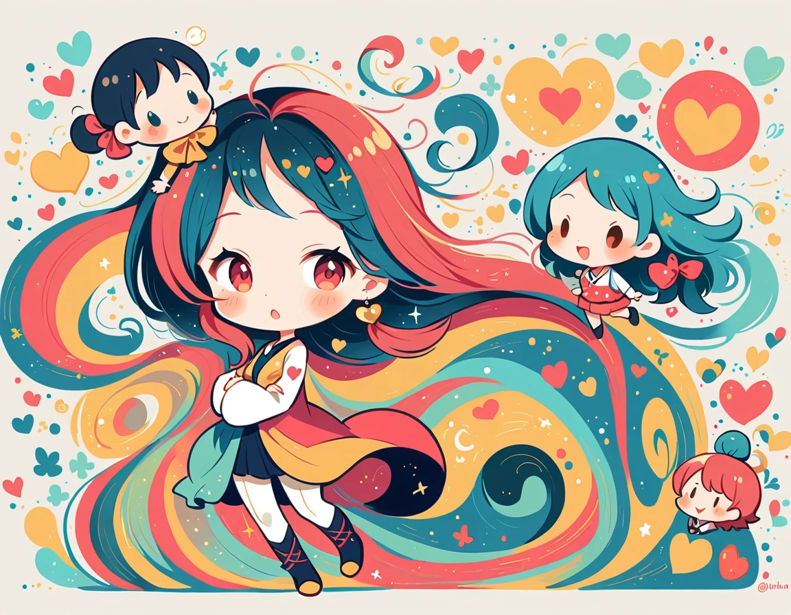 Black Star Red and White style, Simple Line Initialism,Abstract art,Urban Background, colorful hearts ,(((The most beautiful girl of all time))), (((chibi))), walking with Cute amoeba