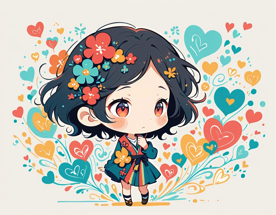 Black Star Red and White style, Simple Line Initialism,Abstract art,Urban Background, colorful hearts ,(((The most beautiful girl of all time))), (((chibi))), walking with Cute amoeba