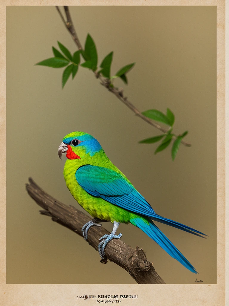 Create a highly detailed and lifelike digital painting of a Blue-crowned Hanging Parrot (Loriculus galgulus). Focus on capturing the vibrant green plumage, striking blue crown, and the bright red patch on its throat and rump. The bird should be depicted in a close-up view, perched delicately on a thin branch. Highlight the fine details of its feathers, the subtle variations in color, and the texture of its small, curved beak. Use a simple, blurred background with soft, natural tones to emphasize the bird's vibrant colors and intricate details. Include realistic lighting to bring out the sheen on its feathers and to create depth and dimension in the image. Capture the bird's curious and lively expression, showcasing its unique and beautiful features in a highly detailed and realistic manner."