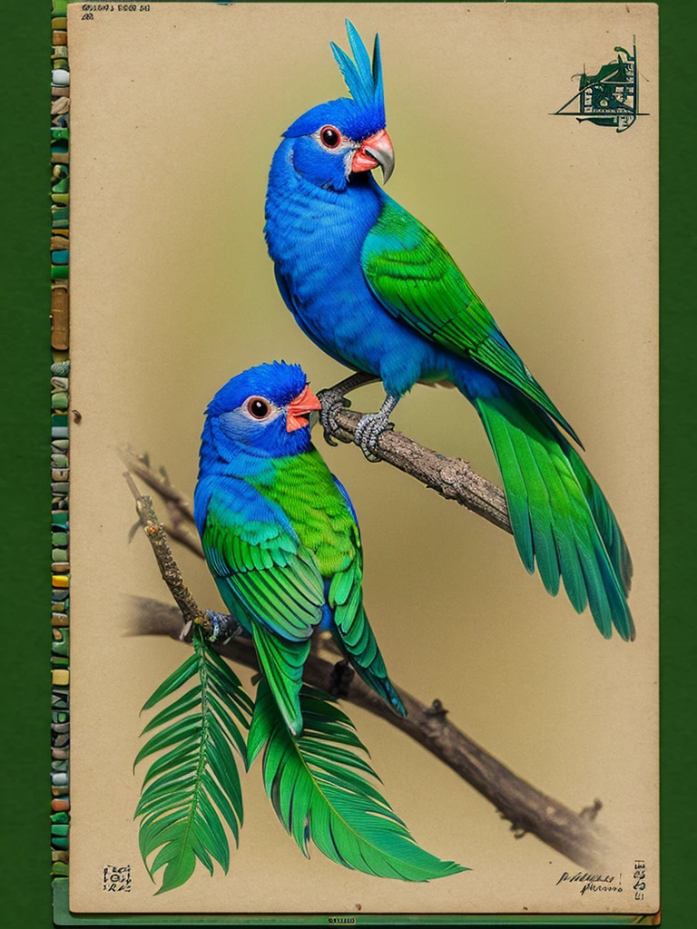 Create a highly detailed and lifelike digital painting of a Blue-crowned Hanging Parrot (Loriculus galgulus). Focus on capturing the vibrant green plumage, striking blue crown, and the bright red patch on its throat and rump. The bird should be depicted in a close-up view, perched delicately on a thin branch. Highlight the fine details of its feathers, the subtle variations in color, and the texture of its small, curved beak. Use a simple, blurred background with soft, natural tones to emphasize the bird's vibrant colors and intricate details. Include realistic lighting to bring out the sheen on its feathers and to create depth and dimension in the image. Capture the bird's curious and lively expression, showcasing its unique and beautiful features in a highly detailed and realistic manner."
