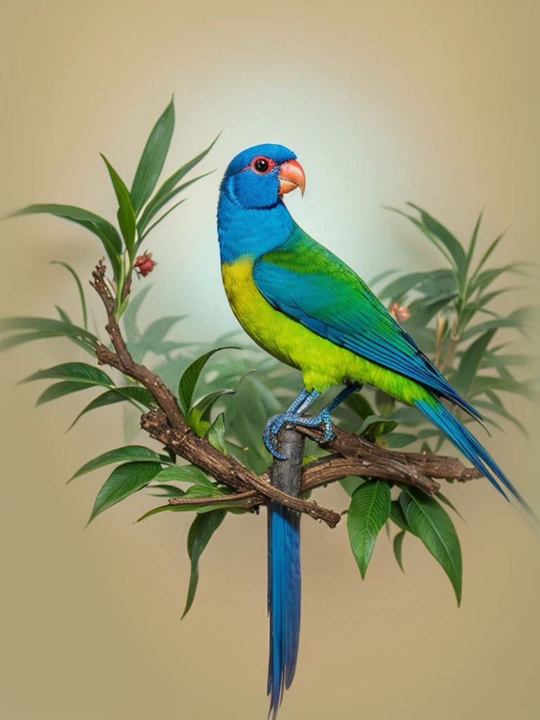  Create a highly detailed and lifelike digital painting of a Blue-crowned Hanging Parrot (Loriculus galgulus). Focus on capturing the vibrant green plumage, striking blue crown, and the bright red patch on its throat and rump. The bird should be depicted in a close-up view, perched delicately on a thin branch. Highlight the fine details of its feathers, the subtle variations in color, and the texture of its small, curved beak. Use a simple, blurred background with soft, natural tones to emphasize the bird's vibrant colors and intricate details. Include realistic lighting to bring out the sheen on its feathers and to create depth and dimension in the image. Capture the bird's curious and lively expression, showcasing its unique and beautiful features in a highly detailed and realistic manner."