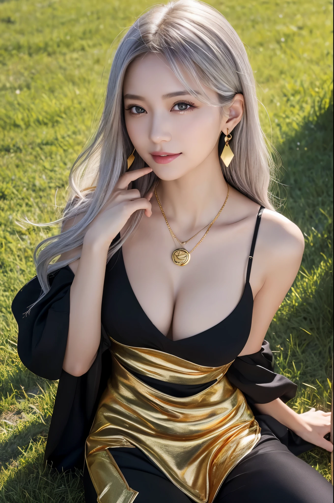 (8K,Photorealistic RAW Photos Highest quality;1.4) 1woman) 美しいSilver Hairの女神 (A vivid face) (Tabletop, Highest quality, Photorealisticです, High resolution, :1.3), closeショット, Sharp focus, 1 カールしたSilver Hairのwoman, ヨーロッパ系woman, Hot Model, abdomen, Very detailed eyes with golden pupils, Realistic skin, Slim figure, Perfect body, Big breasts have cleavage, Very Fine Hair, Delicate and sexy face, sensory gas, Glossy Lips, ((She is wearing a beautiful black and gold dress and black and gold pants,Wear a pendant)), Outdoor, ((Realistic, 超Realistic, realism, Realistic詳細)) Beautiful expression charm (Realistic Skin) 超High resolution 超Realistic Advanced Details grassland, Flowers and beautiful mountains in the distance々々々々 Purple Earrings Split Avemar Paladin woman,超Realisticな肌,smile,close,Top view,Rich colors, Backlight, Cinema Lighting, Film Grain, 50mm lens, Nikon D850,超High resolution,Ultra-realistic,Compensate,Super sexy,Silver Hair,