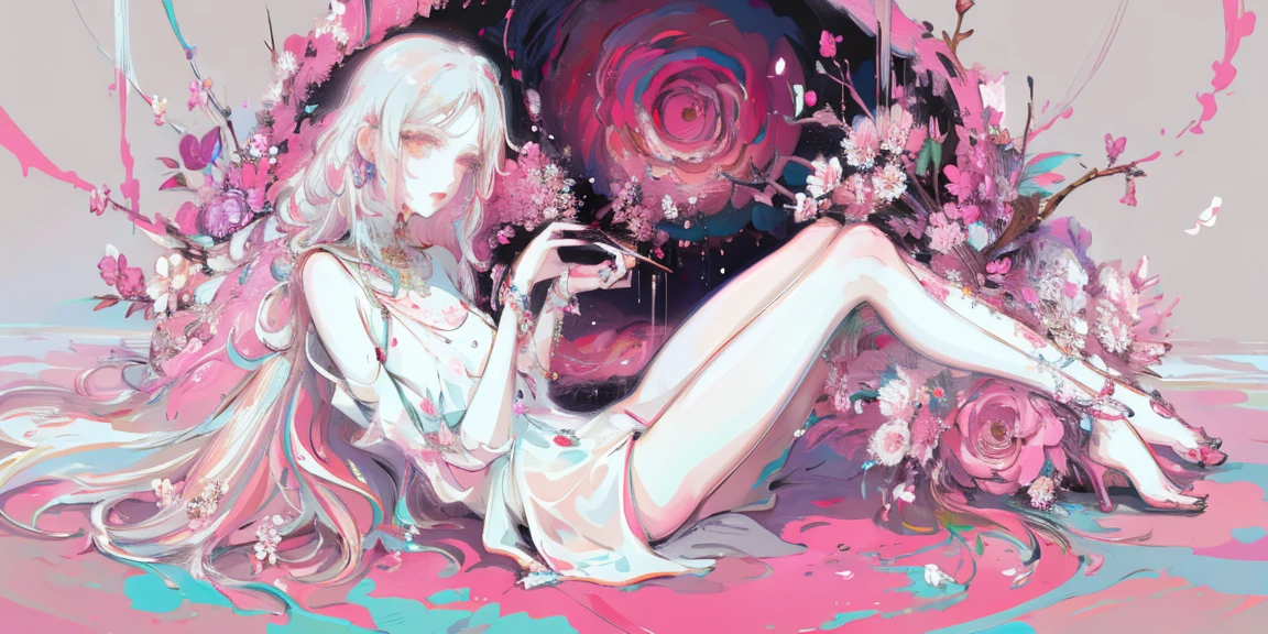 Разработано nty, woman, solo, INFECTED PERSON, flowers blooming, Flower nails, color background, mess,