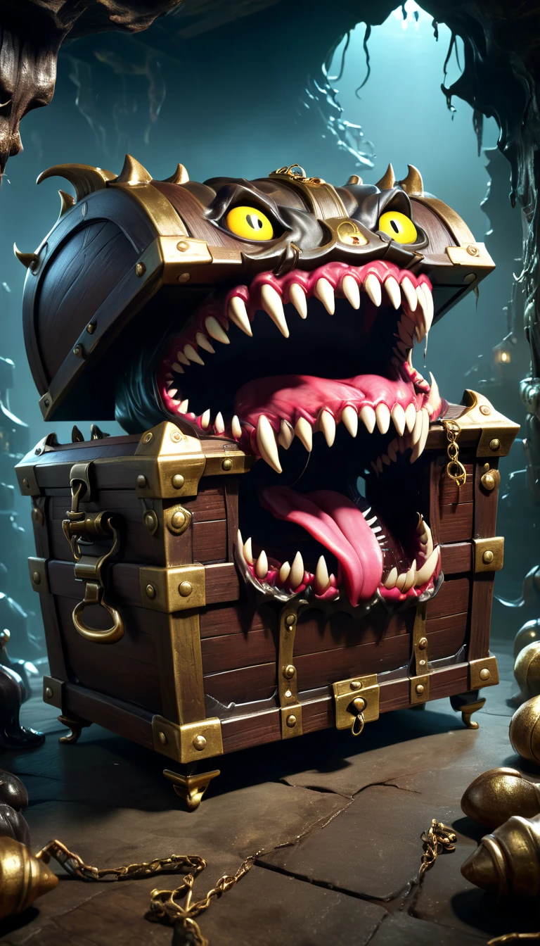 a dark, frightening, mimicked, levitating, mimic, treasure chest monster, with a bizarre tongue and malevolent teeth, (best quality,4k,8k,highres,masterpiece:1.2),ultra-detailed,(realistic,photorealistic,photo-realistic:1.37),horror,concept art