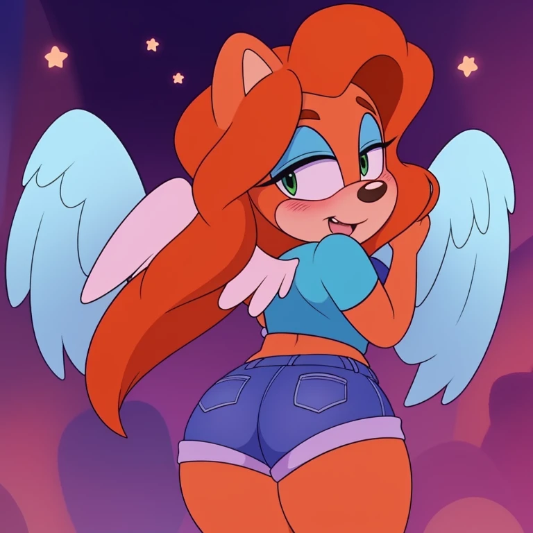 Roxanne, orange hair, wearing a sonic shirt and shorts, light blue stars, huge angel wings on her back, blushing hard