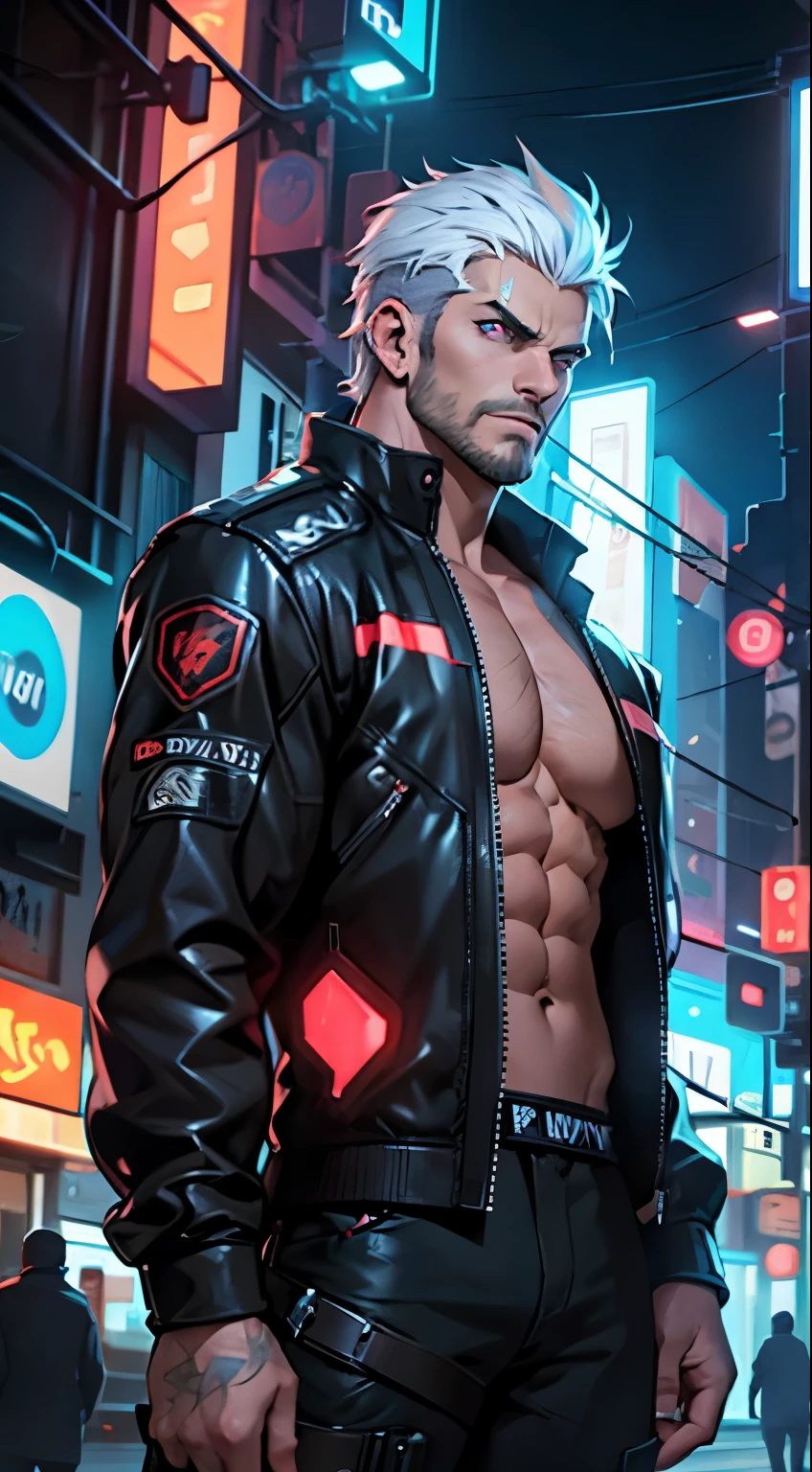 Sci-fi, cyberpunk.solo,light blue eyes,looking at viewer, short hair, shirt, red eyes, 1boy, upper body, white hair, white hair, male focus, open clothes, muscular, facial hair, scar, thick eyebrows, pectorals, muscular male, bara, stubble, large pectorals, sideburns, mature male, stubble, bare pectorals, best quality, neon light, higher detail, masterpiece, grungy futuristic city, (ray trace), city lights, crowded streets, HDR, 4k, 8k, 3D
