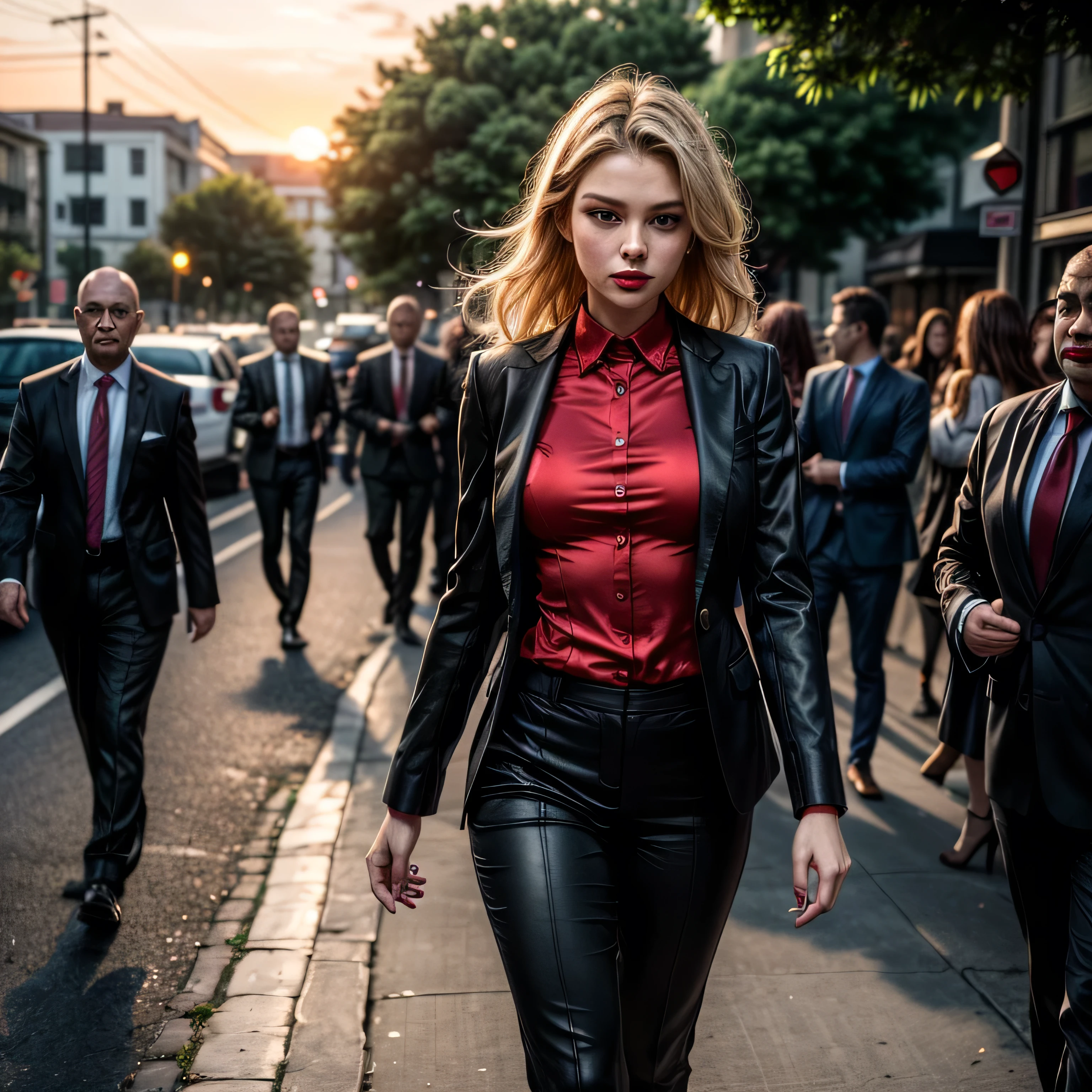 (masterpiece, photorealistic:1.4, extremely intricate:1.3, radiosity, photon mapping, dtx), ((nineteen female, age supermodel, ((business suit, black suit coat, red silk men's business shirt, stepping to the side, serious, looking away, 19 years old, humid, bright red lips)), long eyelashes, makeup:1.3)), ((([skin detail:freckles:0.9]))), outdoor, park, faraway city, professional photograph girl, (long straight hair [blonde hair:dark hair:0.7], wind), BREAK ((sunset), bokeh, blurry background), BREAK, ((([medium breasts:large breasts:0.6])))