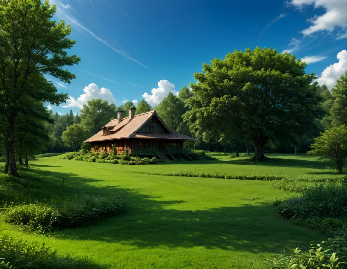 Gigantic green meadow with trees on the sides, an azure blue sky with white clouds. In the middle of the scene, il y a une maison en bois toute seule. [Timber house] [realistic] [scenery] [Nature]