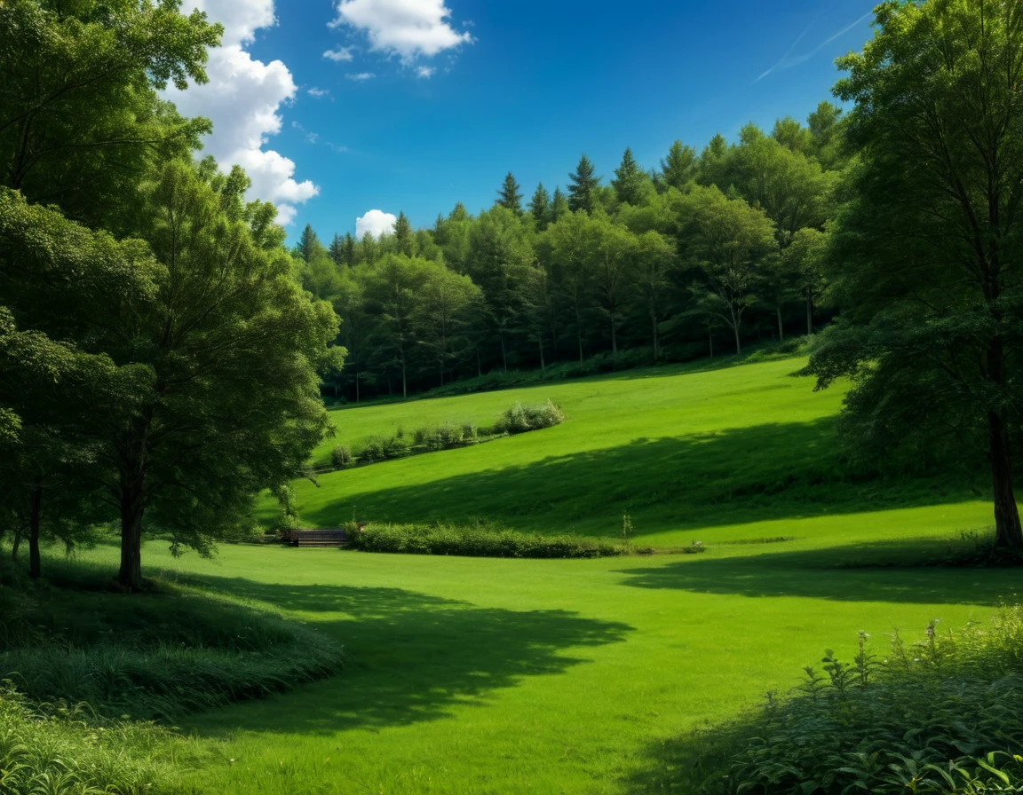 Gigantic green meadow with trees on the sides, an azure blue sky with white clouds. In the middle of the scene, il y a une maison en bois toute seule. [Timber house] [realistic] [scenery] [Nature]