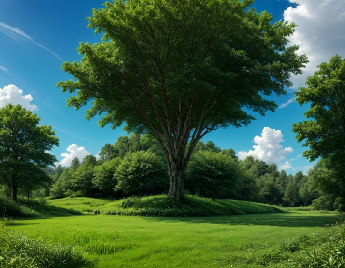 Gigantic green meadow with trees on the sides, an azure blue sky with white clouds. In the middle of the scene, il y a une maison en bois toute seule. [Timber house] [realistic] [scenery] [Nature]