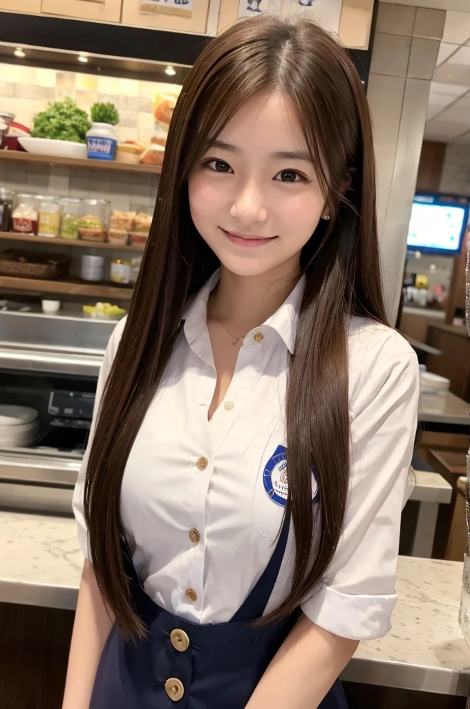 1woman, idol, long hair, brown hair, 20 years old, family restaurant clerk, uniform, smile, Obon, Undo three uniform buttons, show cleavage, bring your face close to here