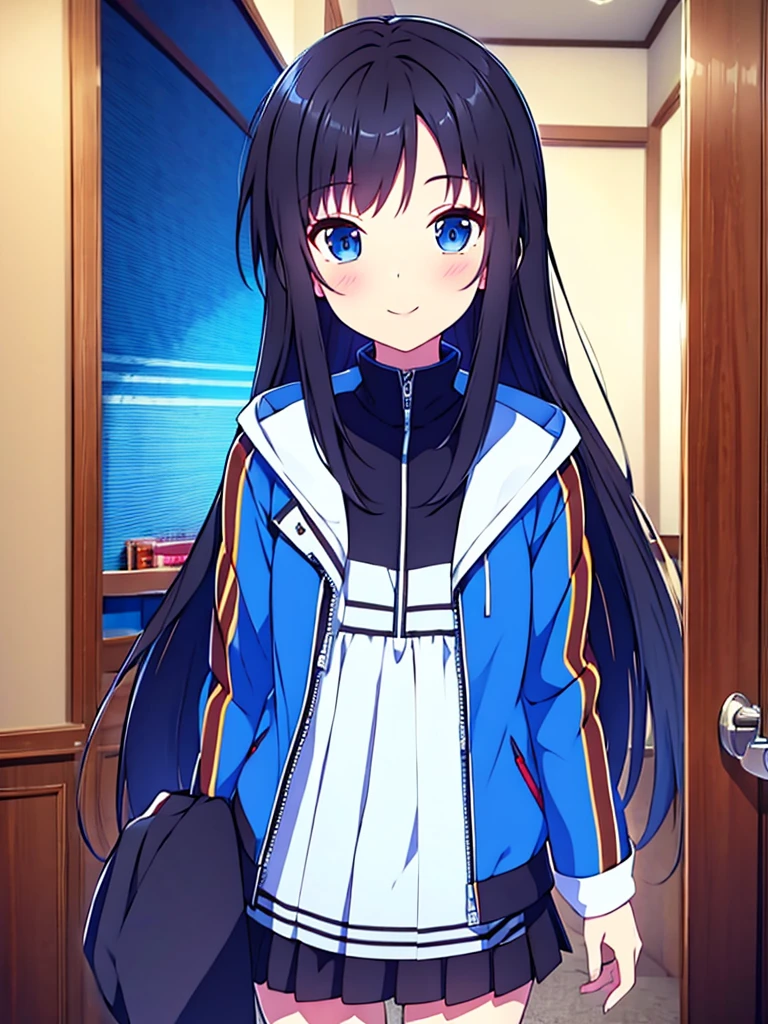 Masterpiece, hd, 2d, Alice, black hair, blue eyes, long hair, wear gaming Jacket black and blue , standing, indoor, smile, happy