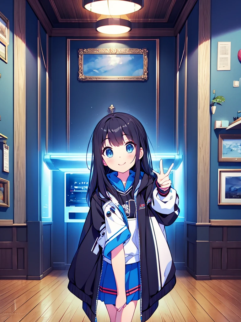 Masterpiece, hd, 2d, Alice, black hair, blue eyes, long hair, wear gaming Jacket  black and blue , standing, indoor, smile, happy