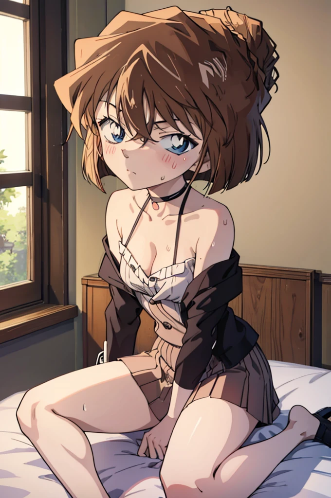 Highest quality, masterpiece, 4K, Highly detailed face, Highly detailed skin, Highly detailed wallpaper, Japanese anime, Second Dimension, Fine skin, Very beautiful cleavage, NSFW, Baby Face, whole body, One girl, Embarrassed face, On the bed, Bob Hairstyle, Brown Hair, Detective Conan, Haibara Ai, Shelley, Sweaty, Adult appearance, Cosplay, Mine system, mini skirt, Eyes are hearts, Seducing a man, Spread your legs in an M shape