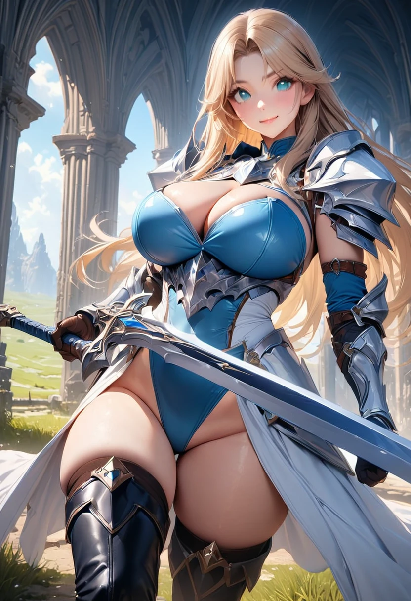 ((highest quality)), ((masterpiece)), ((hyperrealistic)), (detailed background), solo, 1girl, ((curvy: 1.2)), kawaii, gentle smile, ((Princess Knight)), langrisser, blonde braided long hair, ((azure leotard: 1.5)), (white paladin armor: 1.3), ((ArmoredDress)), ((Tight-fitting leotard bodysuit)),((Wielding sword: 1.2)), Holding a Sword, swing down the Sword, Sword at the ready, hold the handle of a Sword, ((large breasts)), ((arm guard gauntlet)), leather long gloves, ((zettai ryouiki thigh boots)), (big butt), (cleavage cutout), (Groin), (thigh), beautiful aqua eyes, droopy eyes, parted bangs, perfect face, Perfect hands, perfect fingers, Blue sky and grassland,