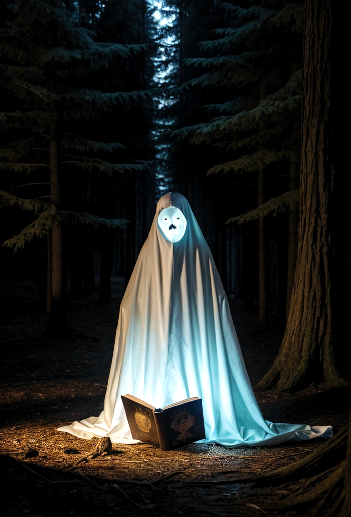 Person in ghost costume reading a book in dark forest