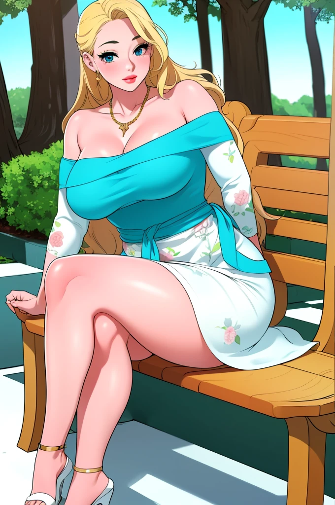 An extremely beautiful stunning voluptuous woman, with gold blonde long silky hair, big blue oceanic eyes, extremely super bright snow white fair stunning flawless glowing lush shiny white complexion and flawless skin, a perfect tight hourglass figure, and skinny waist, sexy thick smooth luscious legs and thighs, wearing a short sexy tight revealing white floral full-sleeve dress along with a blue sash on the waist, a brown off-shoulder sweater, yellow heels, gold necklace on the neck, gold anklets on feet, gold chain on the waist, sitting legs crossed on a park bench, extremely cute smile on the face, bright pink blushes on cheeks, kids park in background, show full body from head to feet.