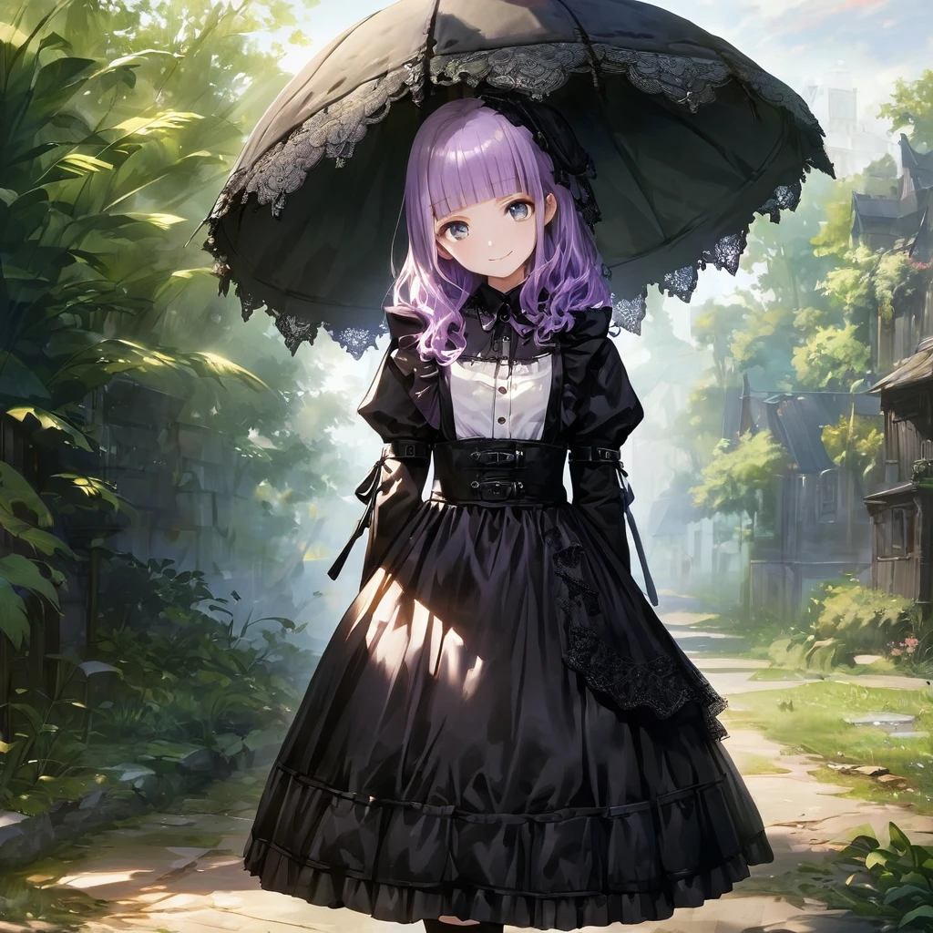 (Cute a girl:1.5), (masterpiece:1.3), anime visual,  (Lovey-dovey:1.5), (tilt head:1.3), extremely delicate face, realistic lighting and shading, (an extremely delicate and beautiful art:1.3),15 years old,smiling,(pale purple wavy and blunt bangs hair,green and black eyes:1.5)from front,fullbody shot,full body shot,White brim, black gothic maid outfit, lace parasol, black knee-high socks, leather shoes, outdoors,