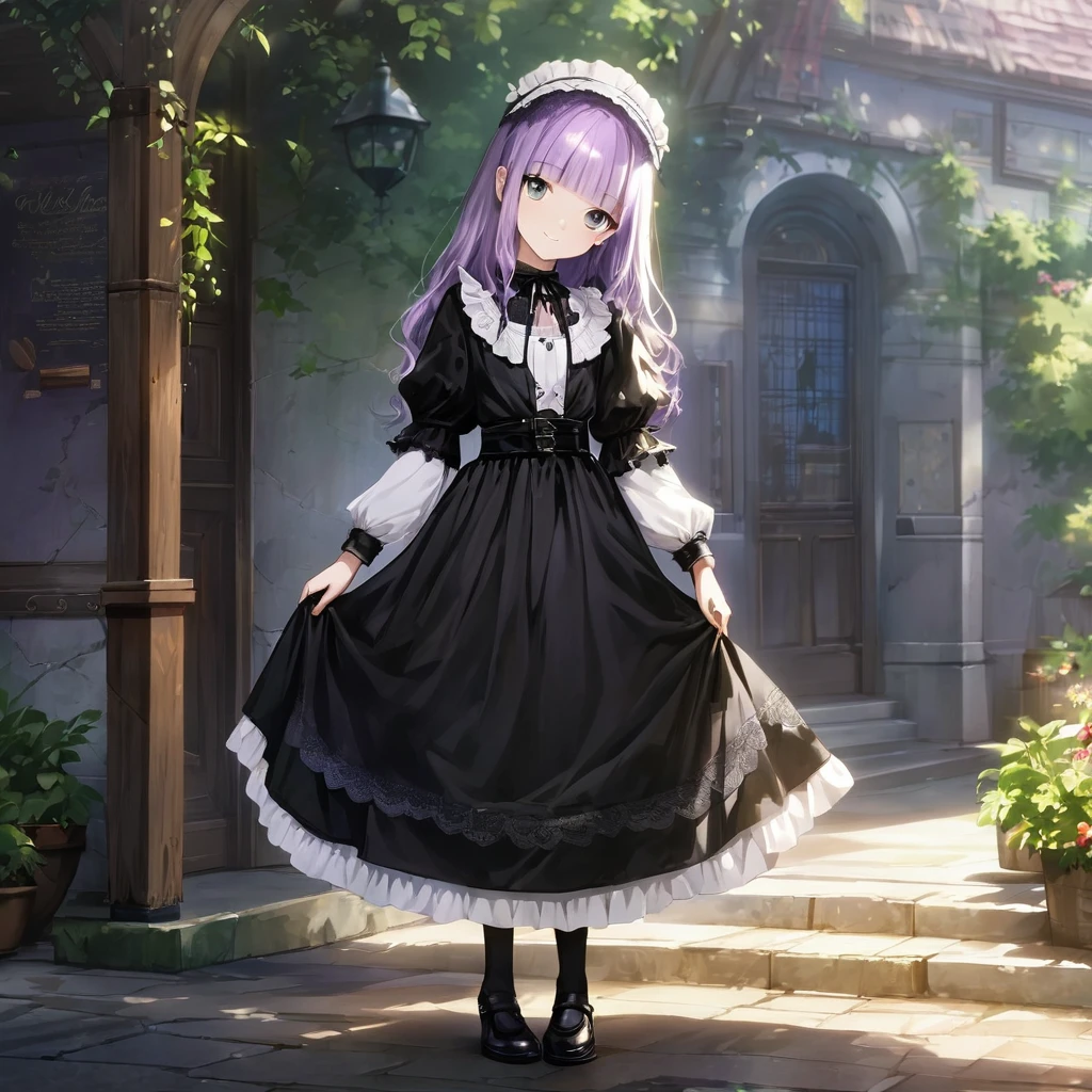 (Cute a girl:1.5), (masterpiece:1.3), anime visual, (Lovey-dovey:1.5), (tilt head:1.3), extremely delicate face, realistic lighting and shading, (an extremely delicate and beautiful art:1.3),,smiling,(pale purple wavy and blunt bangs hair,green and black eyes:1.5)from front,fullbody shot,full body shot,White brim, black gothic maid outfit, lace parasol, black knee-high socks, leather shoes, outdoors,