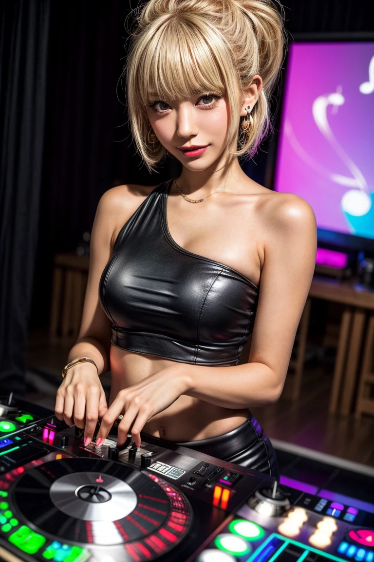 highest quality, Tabletop, 超A high resolution, (Realistic:1.4), (Japanese Idols),RAW Photos, One Girl, night,Detailed skin,nightclub,disco,(blonde:1.2), (Pink inner hair:1.3),Glossy lips,smile,21 years old,Beautiful and beautiful eyes,eye shadow,Diamond jewellery,Earrings,Gold Jewelry,(Tight black knitwear:1.3),,(Strengthening shoulders:1.2),A well-trained body,(Pixie Cut),Round face,(playing music as a DJ:1.5)