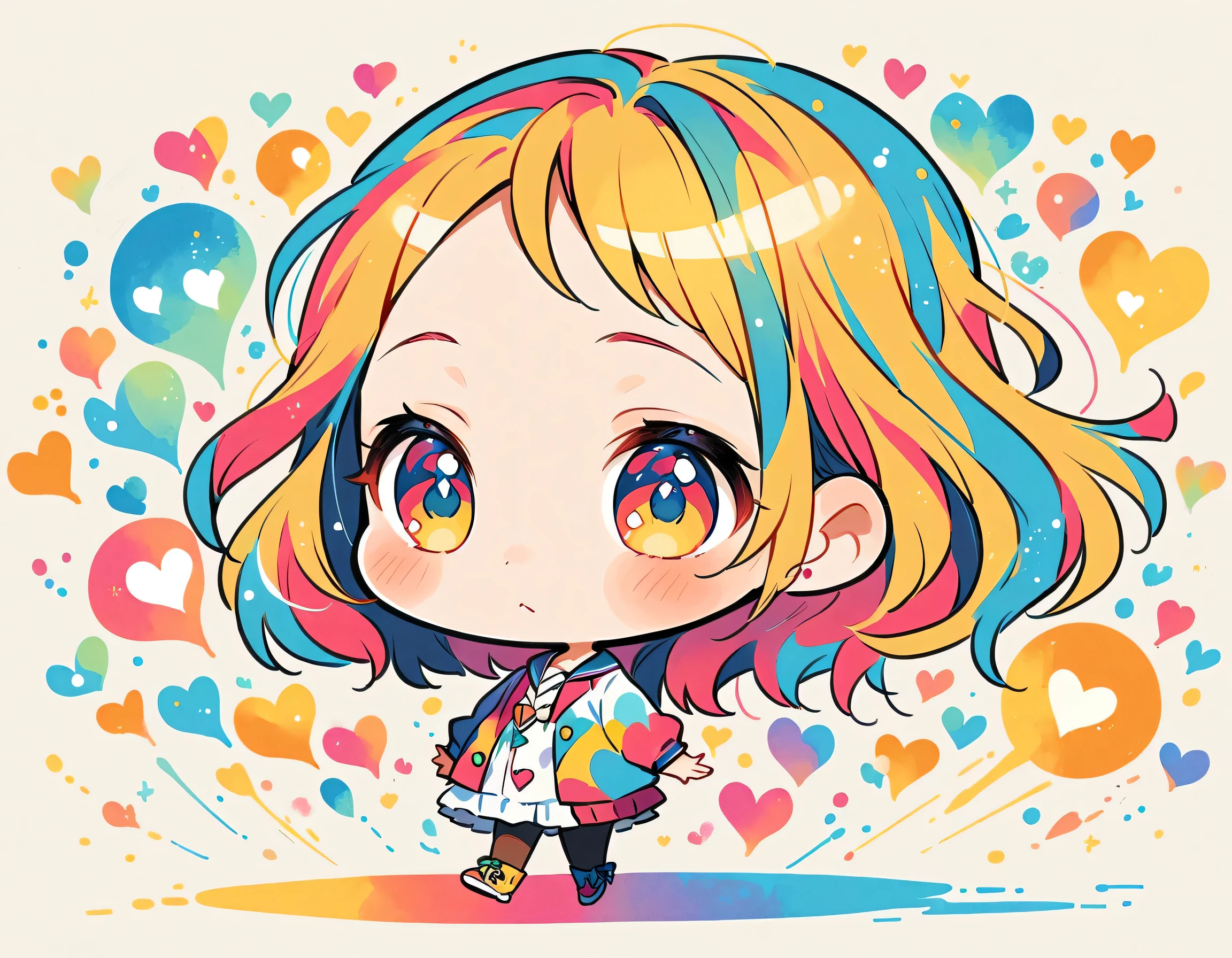 Mika Pikazo style, Simple Line Initialism,Abstract art,Urban Background, colorful hearts ,(((The most beautiful girl of all time))), (((chibi))), walking with Cute amoeba